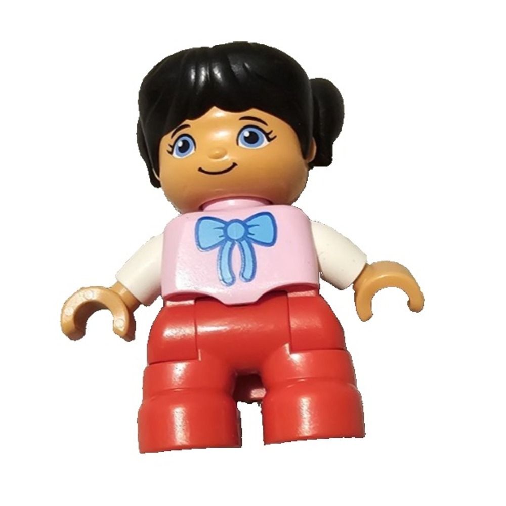 LEGO Duplo Girl Red Legs, Pink Top, Bow Tie, Black Hair Pigtails - Excellent